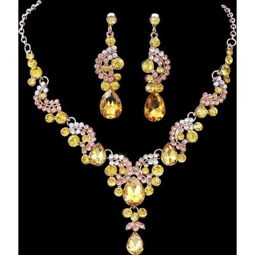 Vintage Female Rainbow Crystal Jewelry Set Charm Gold Silver Color Wedding Drop Earrings For Women Luxury Bridal Chain Necklace