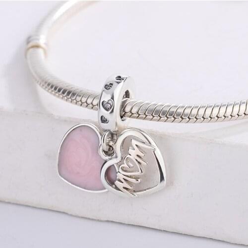 High Quality 925 Sterling Silver Jewelry Pink Mom Script Heart Dangle Charm Bracelet Fashion Jewelry DIY Making For Pandora