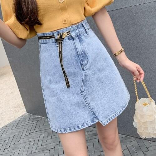 2021 New Short Denim Skirts Womens High Waist 2021 Summer Jean Skirt Short with Buttocks Asymmetry for Young Women BSQ286