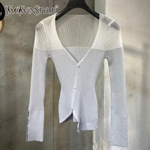 TWOTWINSTYLE Casual Patchwork Hit Color Womens V Neck Long Sleeve Slim Asymmetric Sweater Female Fashion New 2020 Clothes