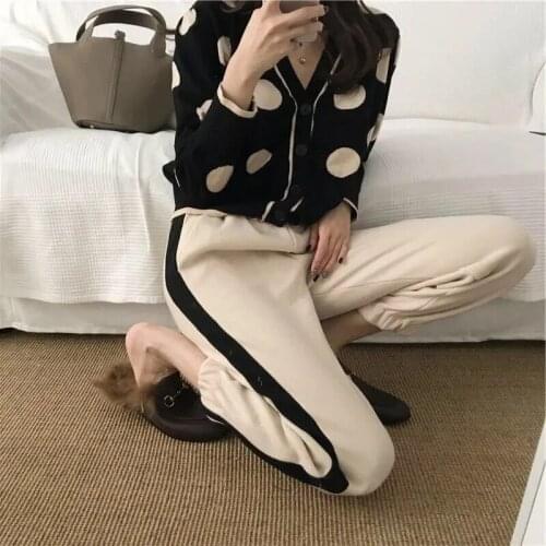Two Piece Set Women Outfits Comfortable Dot Printed V Neck Black Short Knit Cardigan With Pant Fashion Slim Two-piece Suit Women