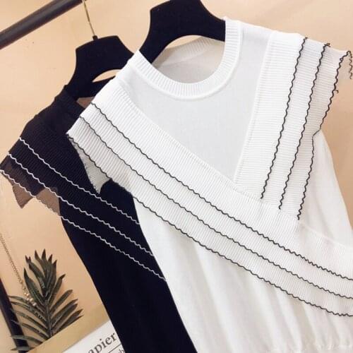 2021 New Three-layer ruffles chiffon patchwork ice silk knitted sweater women o-neck thin pullover black white tops summer
