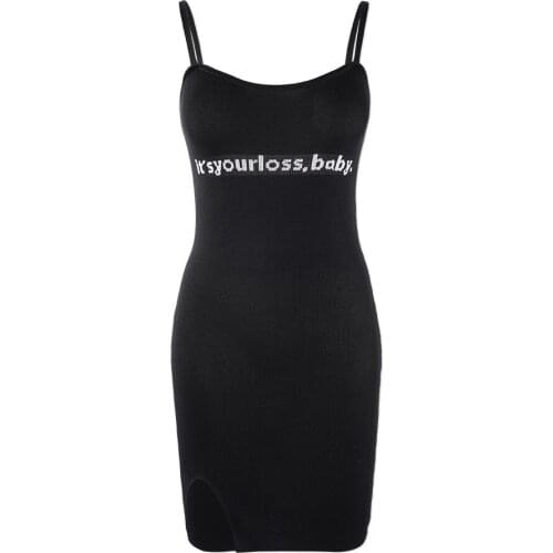 Neatie kiddie Sexy Black Bodycon Casual Dress Woman Fashion Letter Printed Sleeve Spaghetti Strap Backless Dress Women Vestidos