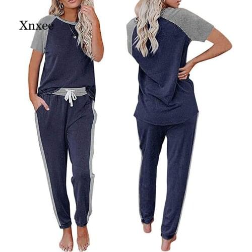 2021 Sleepwear New Woman Pajama Sets Short Sleeve Pullover Tops Long Pant Suit Loose Homewear Lounge Underwear Clothes Outfits