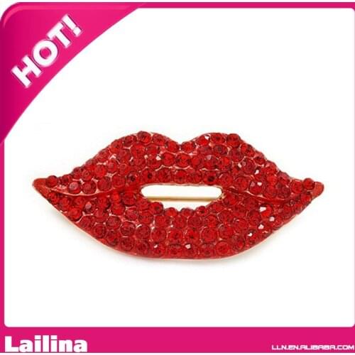 Red Crystal Lips Brooch In Gold Tone Metal - 40mm