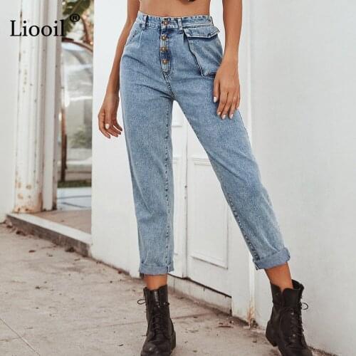 Liooil Casual Straight Leg Jeans Women 2020 Full Length Mid Waist With Pockets Button Up Ladies Blue Jeans Washed Denim Pants