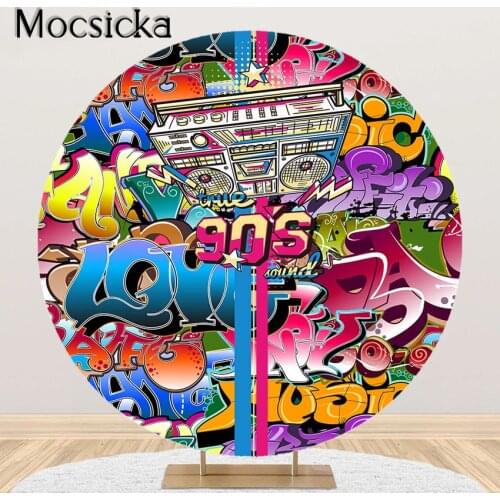 Mocsicka 90S Theme Party Backdrop Graffiti Hip Hop 90s Birthday Party Decorations Round Elastic Circle Cover Photoshoot