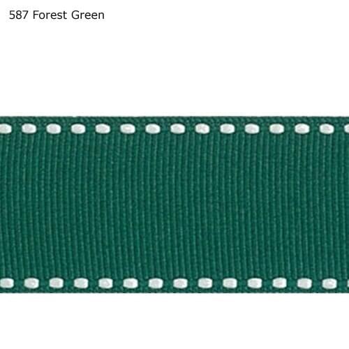 1" inch 25mm White stitched Forest Green grosgrain ribbon