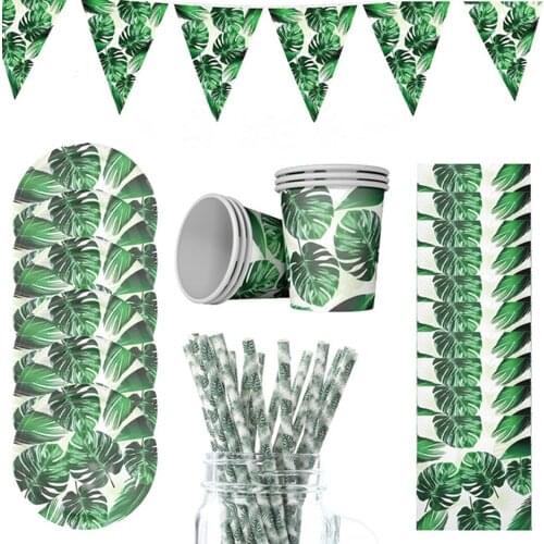 Hawaiian Turtle Leaf Summer Disposable Tableware Tropic Green Paper Plates Cups Hawaii Supplies Wedding Birthday Safari Jungle