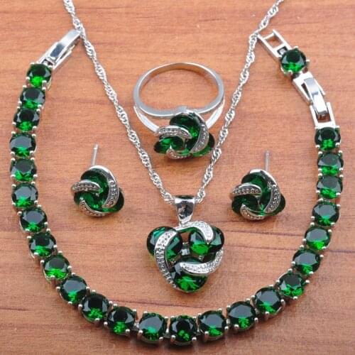 Classic Silver Color Jewelry Set Green Crystal For Women Party Gift Cubic Zirconia Bracelet Earrings Pendant Rings Set JS0173