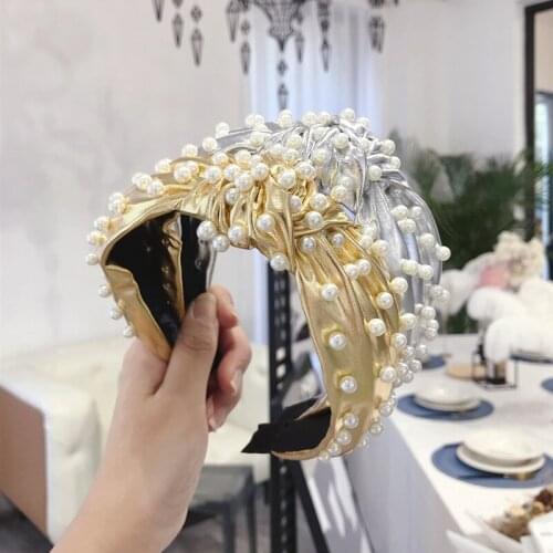 Korean New PU Leather Pearl Hair Band Fashion Gold Silver Headband For Women Girls Broadside Punk Head Hoop Headwear Accessories