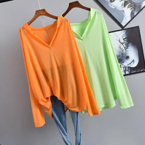 Lighweight Loose Knitted Women T-Shirts Summer New 2021 Hooded Solid Long-Sleeved Casual All Match Female Pulls Tops Tees