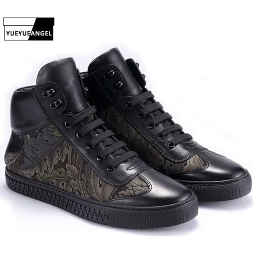 Fashion Brand High Top Sneakers Men Fall Winter Genuine Leather Warm Cotton Shoes Flower Print Black Casual Shoes Mens Flats