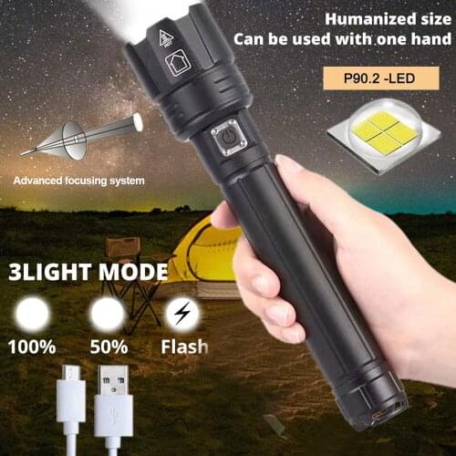 P90.2 Telescopic Zoom Flashlight Strong Light LED Lighting with Power Prompt Flashlight P68 Waterproof 3 Mode
