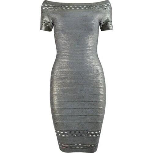 Luxury bandage Sliver Foil Off Shoulder Hollow Out Short Sleeve Fashion Celebration Cocktail Party Dresses