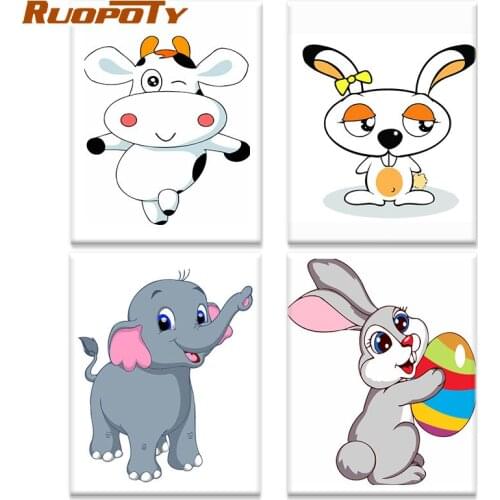 RUOPOTY Painting By Numbers Kits For Kids Beginner Rabbit Cow Monkey Cartoon Paints Diy Oil Paint Framed Canvas Home Wall Art