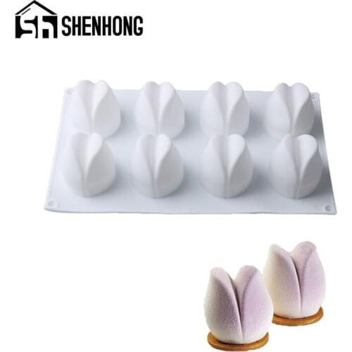 SHENHONG 8 Cavity Tulip Shape Chocolate Mousse Pastry Tools Silicone Cake Mold Muffin Dessert Moulds Decorating Baking Tool