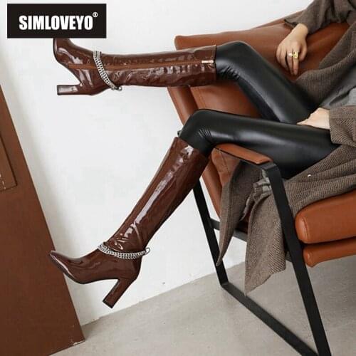 SIMLOVEYO Winter Knee-high Boots Square Toe Chunky Heels Patent Leather Zipper Solid Chain Metal Big Size 34-48 Red Casual C2043