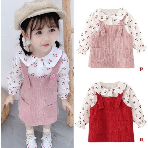 Baby Girls Spring Autumn Clothes Infant Kids Cartoon Cherry Printed Long Sleeve T-shirt Suspender Skirt Todder Tops+Bib Dress