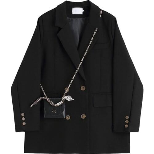 Spring Vintage Black Blazer Jacket Women Shoulder Bag Decoration Fashion Double breasted Suit Jacket Womens Formal Blazers Coat