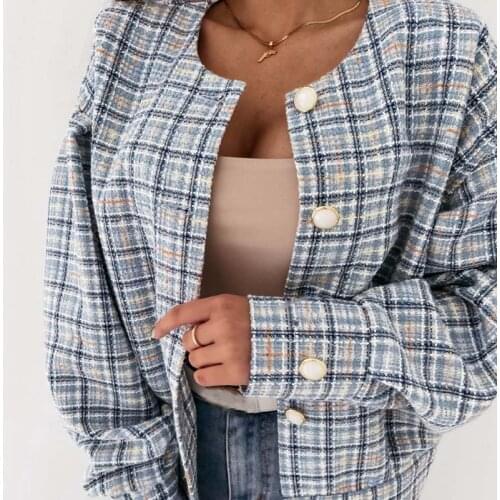 Anbenser Women Elegant Long Sleeve Coat Blazer Casual Plaid Office Lady Cardigan Tops Spring Single Breasted Button Jacket