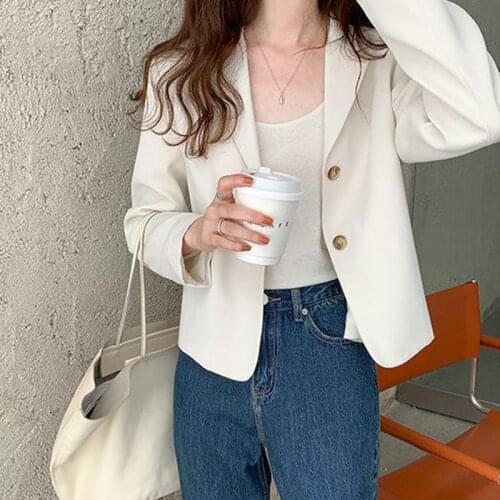 Korean Solid Color Short Blazer Jacket Women Office Lady Elegant Turn-Down Collar Long Sleeve Suit Coat Vintage Casual Outerwear