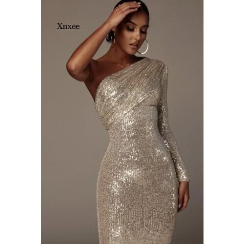 New Summer Women Fashion Long One Shoulder Mid-Length Dress Sexy Sequins Black Club Celebrity Runway Party Slim Pencil Dresses