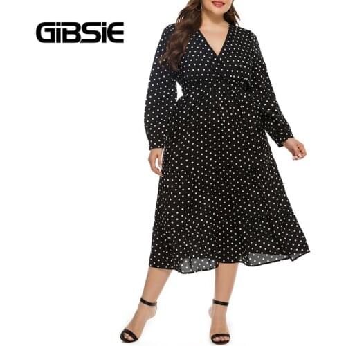 GIBSIE Polka Dot V Neck Ruffle Hem Dress Plus Size xxxl 4xl 5xl Autumn Women Black Chiffon Long Sleeve Elegant Dresses 2021 New