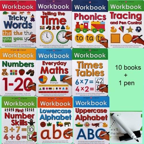 10 books/set wipe clean Workbook +pen children English picture book times tables maths number skill tricky words ABC