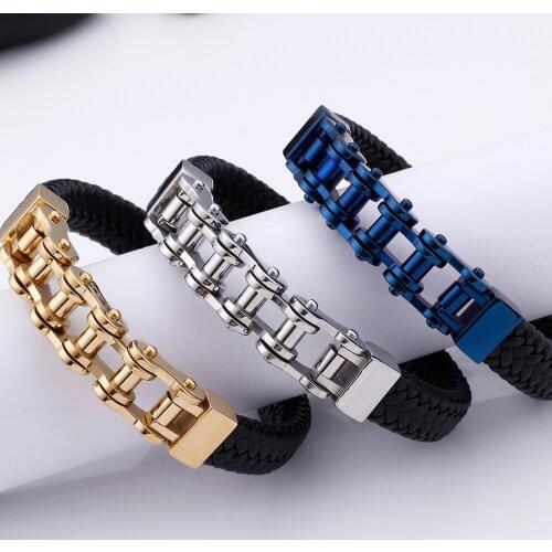 13MM Mens Biker Motorcycle Chain Bracelet Men Braided Genuine Leather Cuff Wristband Bangle With Magnetic Clasp New Dropshipping