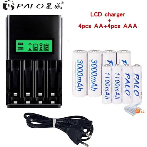 PALO 4-12pcs 3000mAh NI-MH 1.2V AA Rechargeable Batteries aa battery rechargeable battery with LCD display battery charger