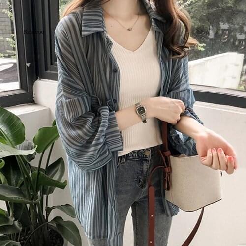 Plus Size 4Xl Women Blouses Loose Striped Summer Chiffon Womens Shirts Lightweight Causal Sun-Proof Thin Chic Fashion