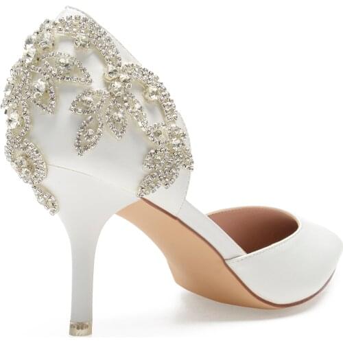 Elegant ivory leather high heels Pointed toe pumps D'orsay bridal wedding evening dress shoes crystal rhinestone back sparkling