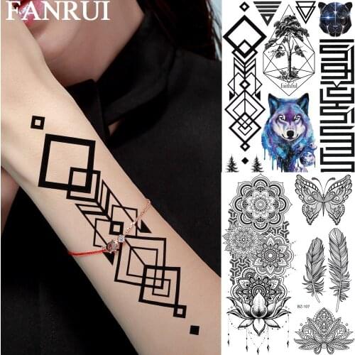 FANRUI Geometric Galaxy Wolf Pine Tree Men Temporary Tattoo Sticker Black Armband Fake Tatoo Sheet Minimalist Body Art Waist Boy