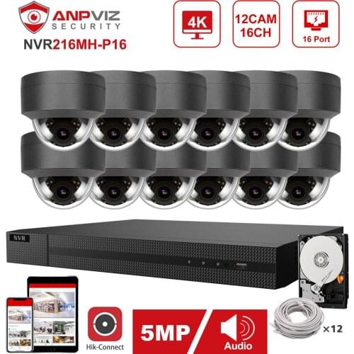Hikvision OEM 16CH 4K NVR Anpviz 5MP POE IP Camera System 12pcs Indoor/Outdoor IP Security System Kit IP66 30m Pulg&Play Gray