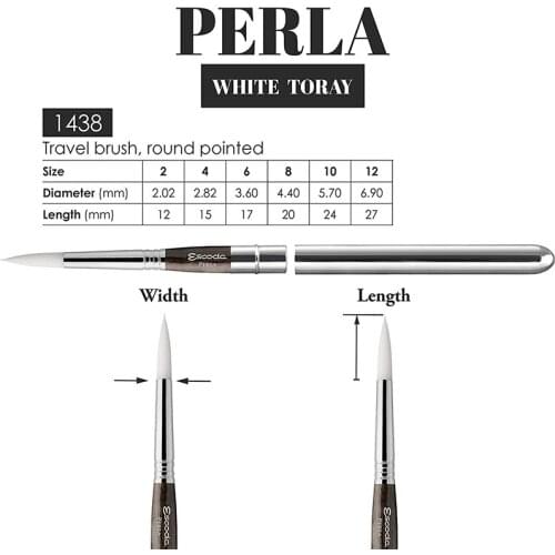 1438 Escoda Perla Short Handle White Toray Filament Travel Round Brush Size 2,4,6,8,10,12, Ideal for Watercolor Painting