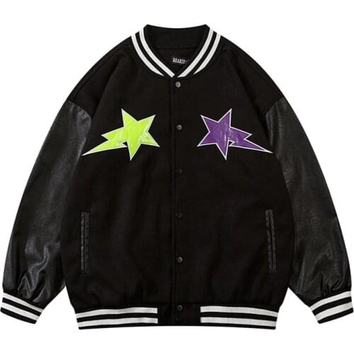 KIOVNO Men Hip Hop Oversized Baseball Jackets And Coats Leather Sleeves Patchwork Outwear Tops For Male Embroidery