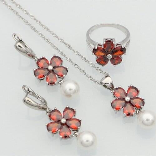 925 Sterling Silver Costume Jewelry Red Garnet White Pearls Bridal Jewelry Sets For Women Wedding Earring/Pendant/Necklace/Ring
