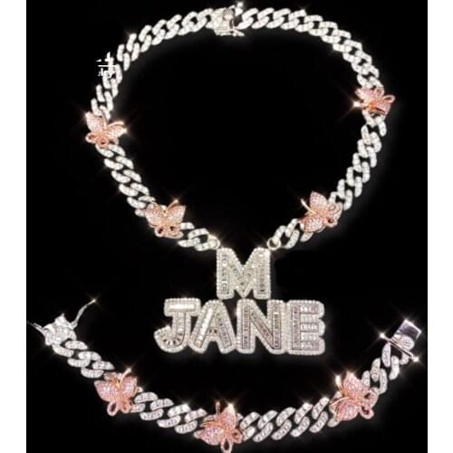 1 Customize Personalized Name Pendant Necklace 9mm Cuban Chain with Butterfly Baguette Letters Full Iced Zircon Hip Hop Jewelry