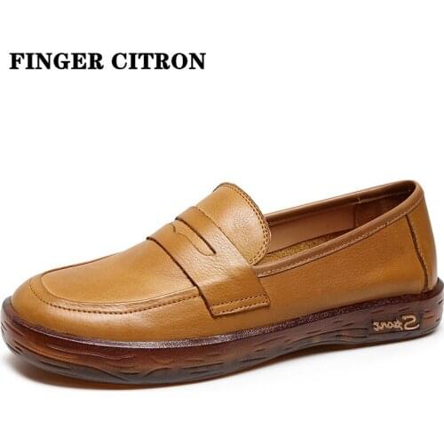 Finger Citron Women Loafer Shoes Genuine Cow Leather Round Toe Gum Rubber Outsole By Handmade Soft Comfortable Size 35-42