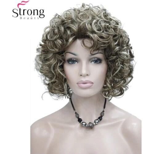 StrongBeauty Short Style Curly Capless wig Brown with Blonde Highlights Synthetic Hair Wigs for Women COLOUR CHOICES