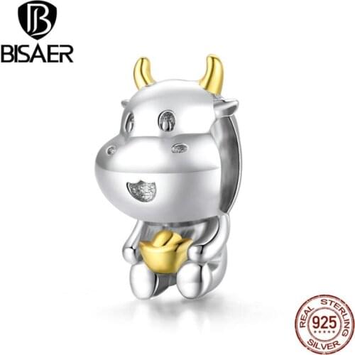 BISAER Lucky Cow Charms 925 Sterling Silver Cute Animals Bead Pendant For Bracelets Necklace 2020 Jewelry ECC1709