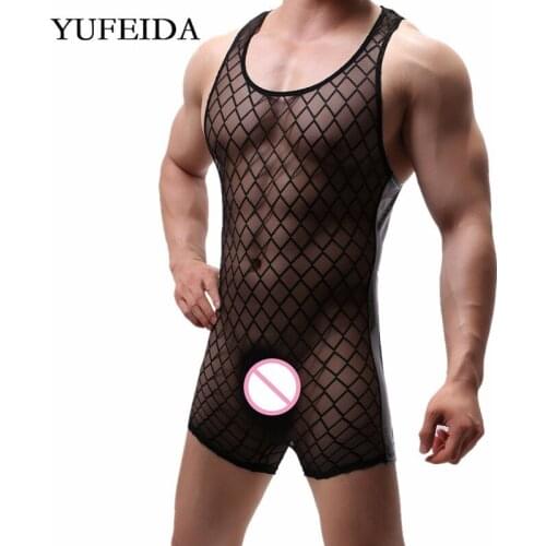 Sexy Men Undershirts See Through Bodysuit Lingerie One-Piece Leotard Jumpsuit Wrestling Singlet Underwear Sheer Pajamas Homewear