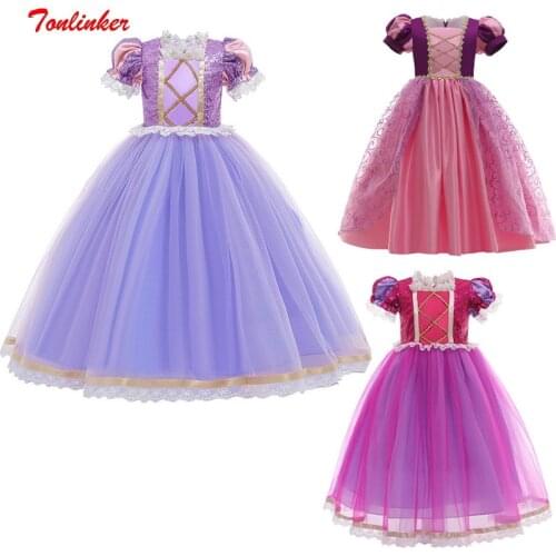 Tonlinker Girls Princess Christmas Cosplay Costume Lace Sequins Short Puff Sleeves Dress Kids Carnival Birthday Party Fancy
