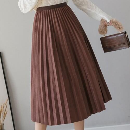 Shintimes 2020 Autumn Winter Elastic High Waist Women Skirt Casual Vintage Suede Pleated Midi Skirt Faldas Mujer Fashion Skirts