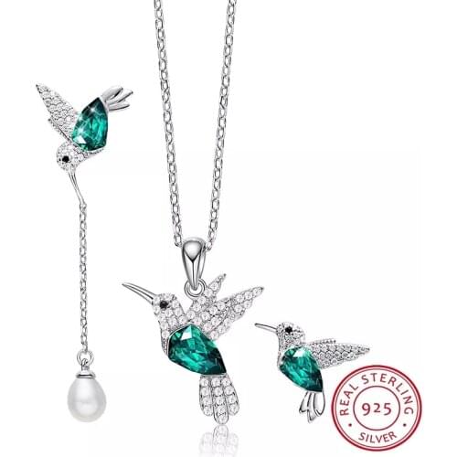 COCOM Jewelry Sets Hummingbird S925 Sterling Silver Pendant Necklace Pearl Earrings with Austrian Crystals Mothers Day Gift
