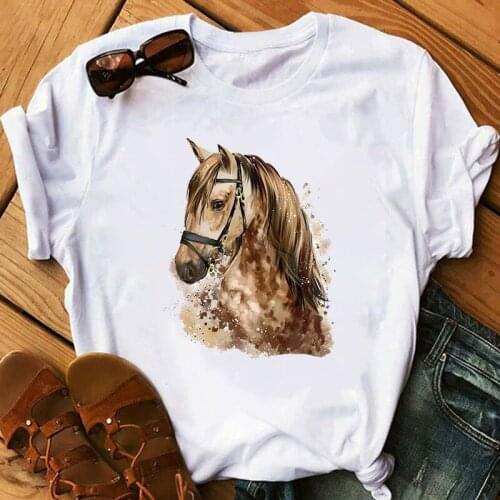 Woman T-shirt Horse Aesthetics Graphic Print T-shirt Short Sleeve Summer Harajuku Grunge T-shirt Female