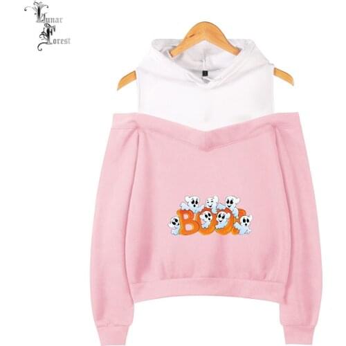 Happy Halloween Printing Off-Shoulder Top Hoody Women Warm Long Sleeve Loose Fit Cap Top Printed Hoodies & Sweatshirts