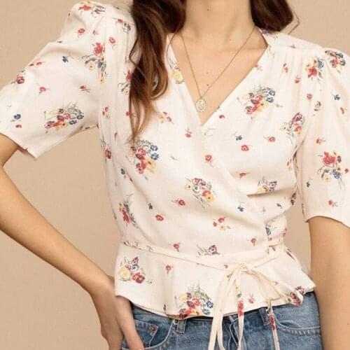 2021 Vintage Summer Cream Floral Print Tie Bow Waist Wrap Shirt Fashion Short Sleeve Blouse Women One-piece Cropped Tops