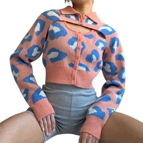 Women’s Casual Long Sleeve Cardigan Fashion Leopard Short Style Slim Fit Knitted Coat 2021 New Fashion Irregular Knitted Smock